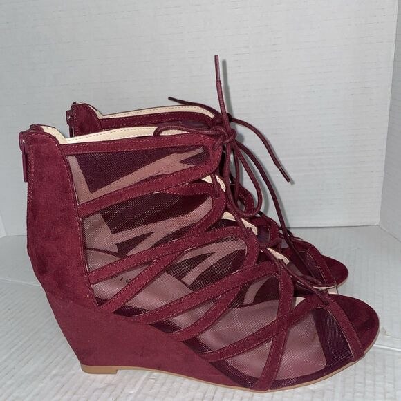 Torrid Sandals Womens 10W Burgundy Faux Suede Open Toe Lace Up Wedge Heel Zip Up - Picture 1 of 14